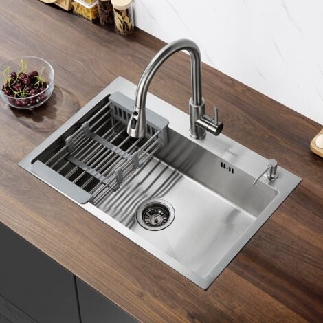 LONHEO MAX Lonheo Évier 1 Bac 68x45x19CM Évier à Encastrer en Acier Inox 304 Évier Cuisine Brossé avec Distributeur de savon, Égouttoir panier et Ensemble de Drainage