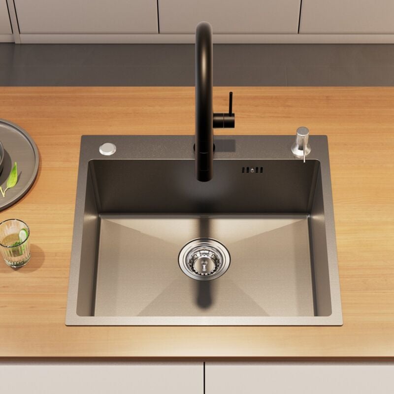 Lonheo - Auralum Évier Cuisine 1 Bac 54x49x20CM Évier à encastrer en Acier Inox avec Distributeur de savon et Système de Drainage, Gris-noir