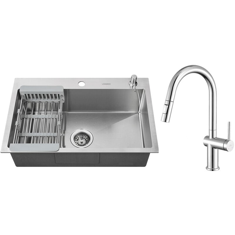Lonheo - vier 1 Bac 68x45x19 cm Évier à Encastrer en Inox Évier Cuisine Brossé avec Robinet de Cuisine Rotatif à 360°, Distributeur de savon et