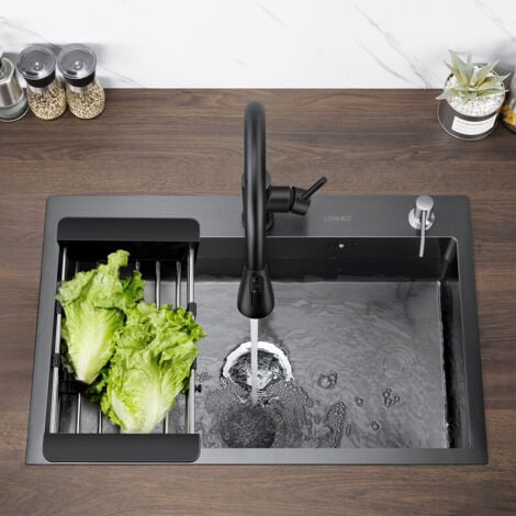 AURALUM MAX Lonheo Évier Cuisine 1 Bac 68 x 45 x 19 CM Évier à Encastrer en Acier Inox 201 avec Distributeur de savon et Égouttoir panier, Anthracite