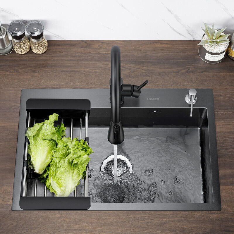 Auralum Max - Lonheo Évier Cuisine 1 Bac 68x45x19CM Évier à Encastrer en Acier Inox 201 avec Distributeur de savon et Égouttoir panier, Noir