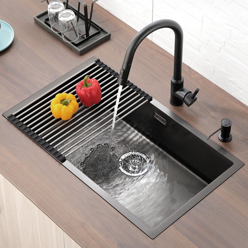 Lonheo - vier Cuisine 1 Bac 74x44x20cm Évier sous plan en Acier Inoxydable 304 pour Cuisine avec Système de Drainage, Noir