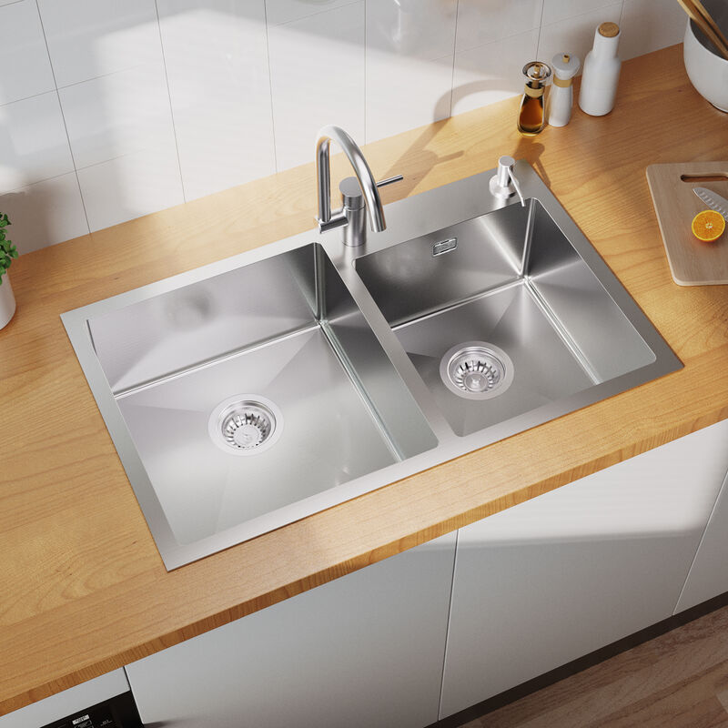 Auralum Évier 2 Bacs 75x45x19CM Évier Cuisine en Inox 304 Évier à Encastrer Brossé avec Distributeur de savon et Ensemble de Drainage
