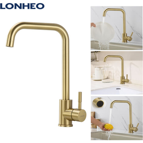 Lonheo Grifo de cocina de Acero inoxidable Dorado,  Grifo Cocina Giratorio a 360° Grifo de Fregadero con Aireador desmontable, Monomando Grifería de Mezclador para Agua caliente y fría