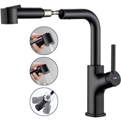 Lonheo Grifo de cocina extraíble 2 funciones Rotación de 360 ​​grados Mezclador monomando para Fregadero Negro Modernly Monomandos de cocina