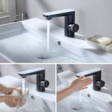Lonheo Grifo de lavabo con doble sensor de infrarrojos, grifo de Baño con sensor automático sin contacto, grifo de lavabo Monomando con sensor lateral dura 3 minutos, Nero opaco