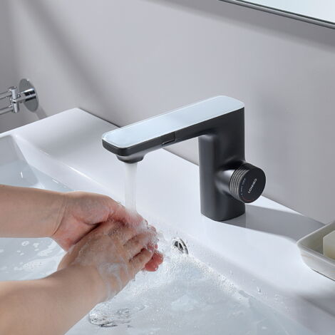 Lonheo Grifo de Lavabo con doble sensor de infrarrojos Nero opaco, Mezclador Grifo Lavabo sin Contacto, Mezclador de lavabo con sensores laterales - 3 minutos, Funcionamiento con batería