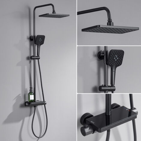 LONHEO MAX Duschsystem mit Thermostat, Regendusche mit 3-Funktionen Handbrause, Kopfbrause und Ablage für Badezimmer, Schwarz