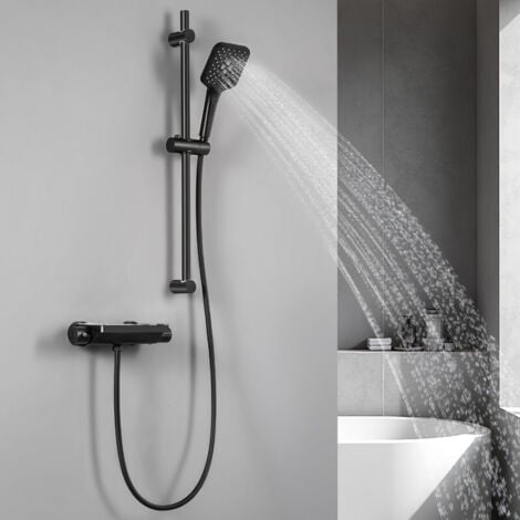 LONHEO MAX Duschsystem Schwarz Brausegarnitur mit Duschablage Thermostat 38°C Brausestange mit 3 Strahl Handbrause