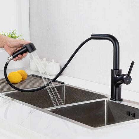 Lonheo Mitigeur Cuisine Douchette, Robinetterie Cuisine Extractible Voie d'Eau Sans Plomb, Mitigeur Evier Cuisine Rotatif à 360°, 2 Modes de Pulvérisation, Pour Cuisine, Bar, Camping et Buanderie,Noir