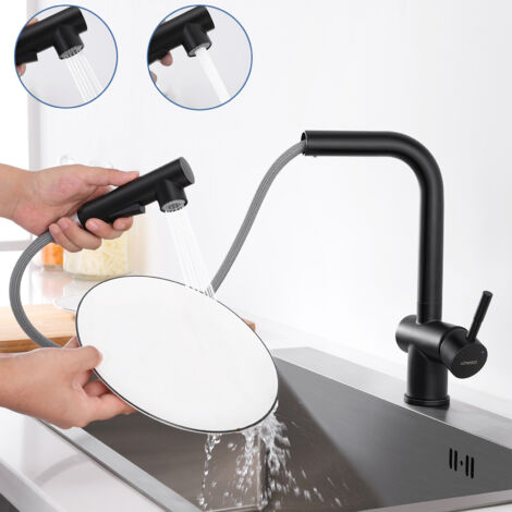 Lonheo Mitigeur de Cuisine Noir 7-Forme avec 2 Fonctions Douchette Extractible Robinet d'évier Rotatif à 360° en Acier Inox avec Barboteur démotable