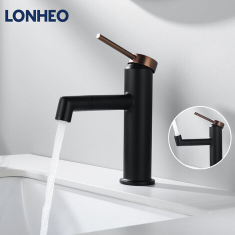 LONHEO Mitigeur de Lavabo Bec Pivotant 360° Robinet à Eau Chaude et Froide pour Vasque Robinet de Salle de Bain avec Barboteur démotable, Noir