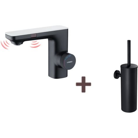 Lonheo Mitigeur Lavabo Capteur Infrarouge Intelligent Automatique,Noir Laiton Eau+Brosse Toilettes WC Suspendu avec Support de Brosse, Acier INOX,Noir