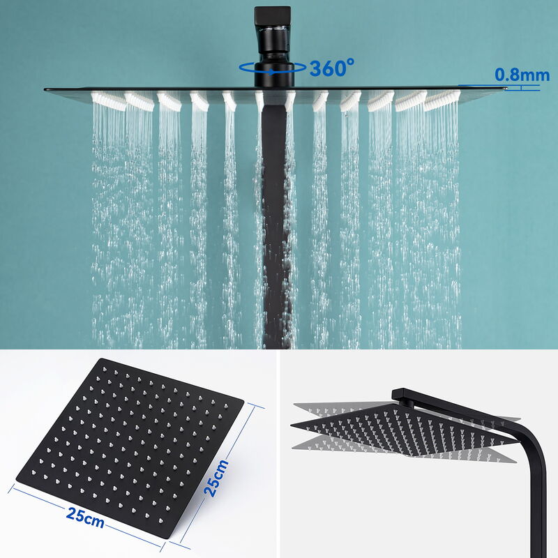 Lonheo Colonne de douche Noir avec /Étag/ère Ensemble de douche sans mitigeur 3 fonctions douchette /à main T/ête de Douche 9.45 pouces Syst/ème de douche pour Salle de bain