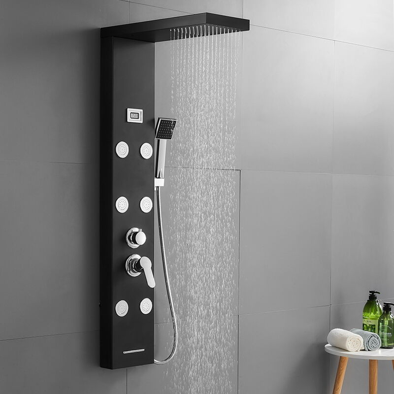 Auralum Panneau Colonne de Douche Hydromassante Noir en Acier Inox avec 6 Grandes Buses Massants Colonne Douche Multifonction avec Écran LCD