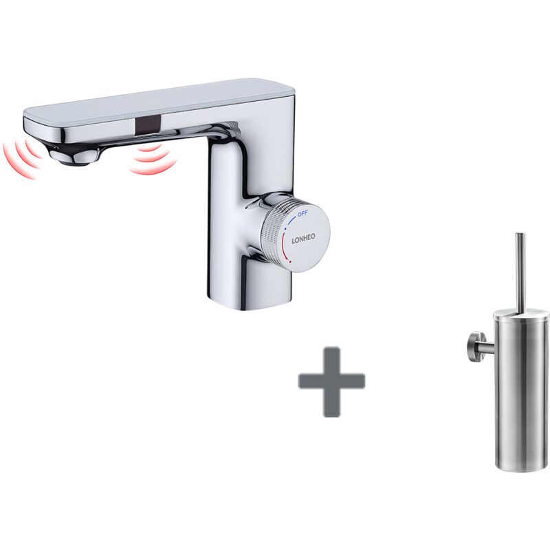 Lonheo Robinet Automatique Infrarouge,Barboteur démotable,à Double Induction,Chromé+Porte Brosse Toilette Acier Inoxydable Brosse wc Mural