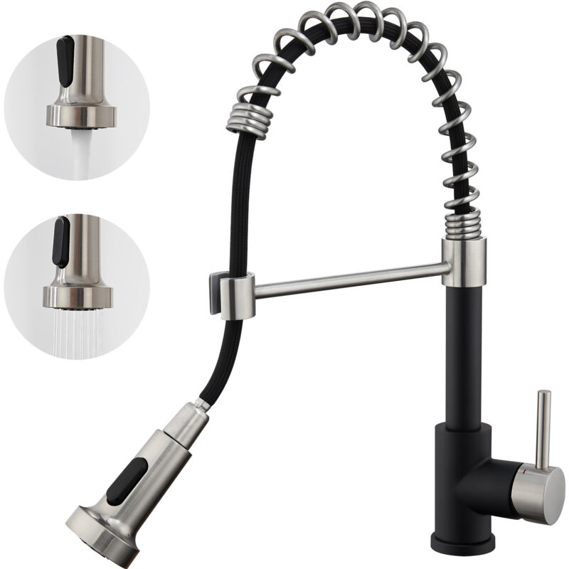 Robinet Auralum Mitigeur Cuisine Noir Rotatif 360°avec Douchette Extensible Robinet Cuisine à Ressort 2 Jets Robinetterie d'Évier en Acier Inoxydable