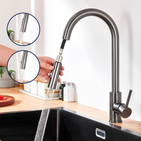 Lonheo Robinet de Cuisine Gris avec 2 Fonctions Douchette Extractible Mitigeur Cuisine Rotatif à 360° en Acier Inoxydable