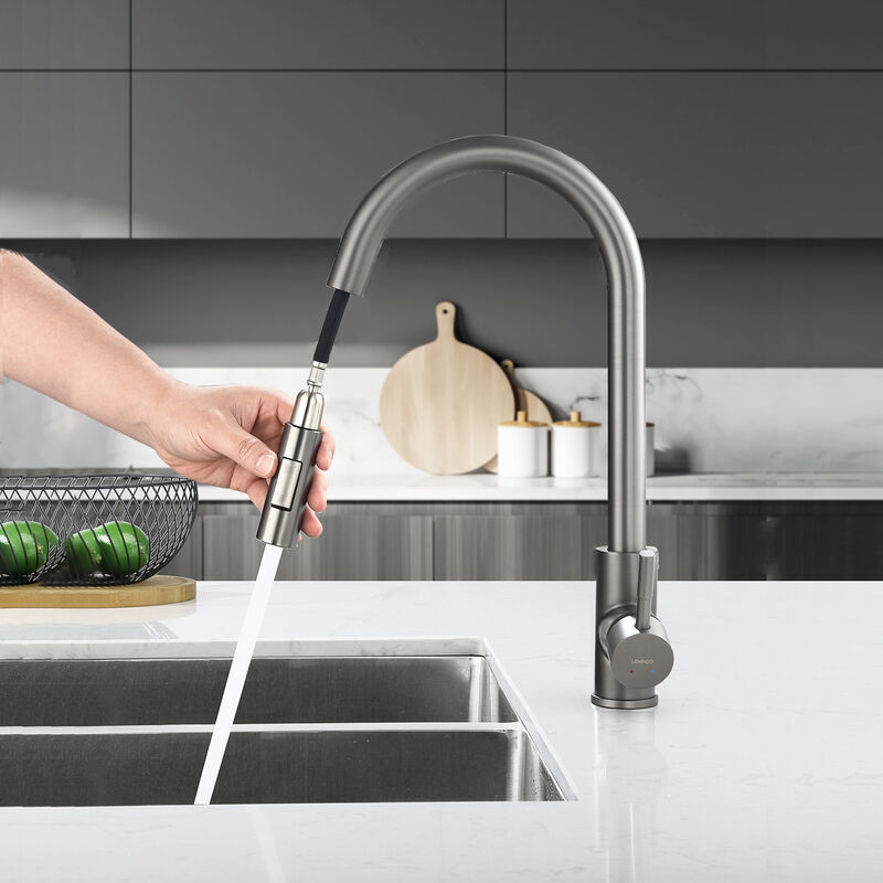 Robinet de Cuisine Gris avec 2 Fonctions Douchette Extractible Mitigeur Cuisine Rotatif à 360° en Acier Inoxydable - Lonheo