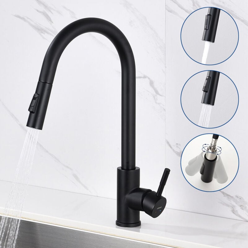 Lonheo - Mitigeur de Cuisine Noir Rotatif à 360° Robinet Cuisine en Acier Inox avec 2 Fonctions Douchette Extractible