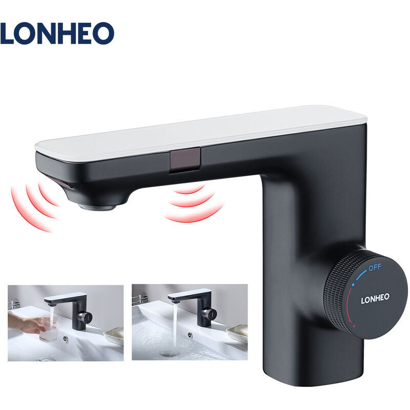 Lonheo - Robinet Infrarouge Automatique Noir Mitigeur Eau Froide et Chaude Robinet Lavabo à Double induction avec Barboteur démotable