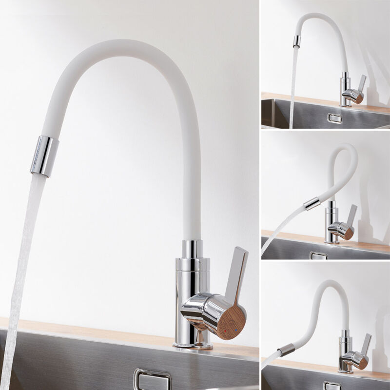 Auralum - Robinet Cuisine Flexible Mitigeur Cuisine Blanc Pivotant à 360°, Mitigeur d'évier avec Tuyau en Silicone Flexible, Robinetterie de Cuisine