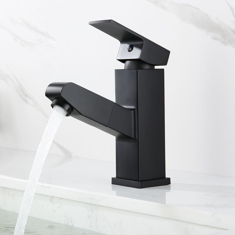 Lonheo - Auralum Robinet lavabo avec douchette extractible Noir monotrou Mitigeur ​de Lavabo ​Salle de Bain pour Lavabo Robinet chaud et froid Chrome