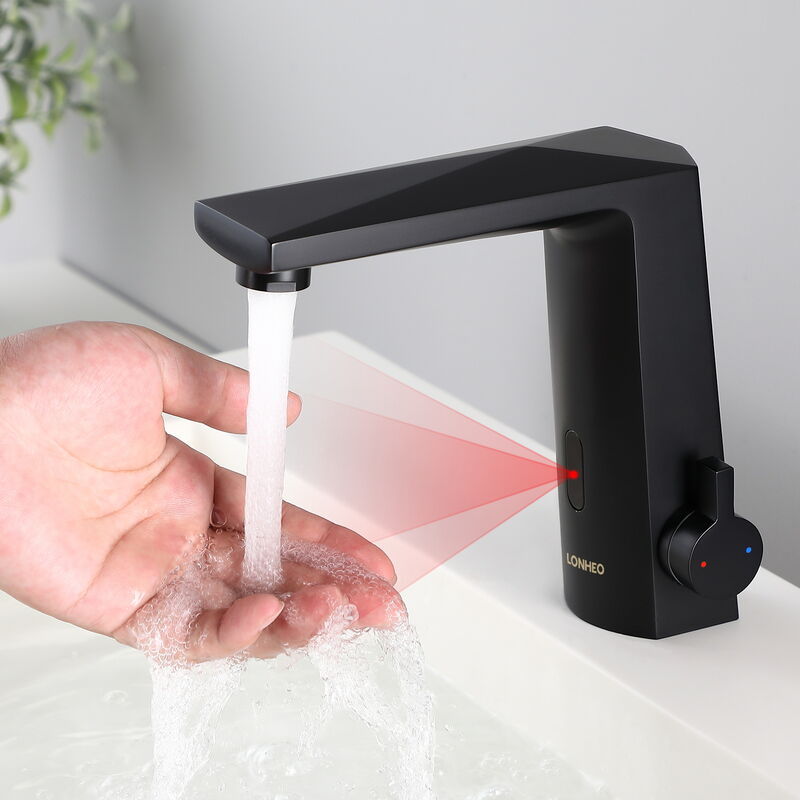 Rubinetto a Infrarossi in Ottone, Rubinetto Lavabo Bagno con Sensore Automatico Touchless, Miscelatore Acqua Calda e Fredda per Lavabo, Nero - Lonheo