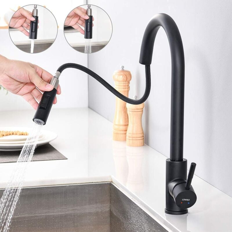 Estraibile Rubinetti Cucina con Doccetta, Girevole a 360 Rubinetto per Cucina, 2 Funzioni Miscelatore Monocomando per Cucina, Nero - Lonheo