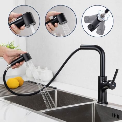 Lonheo Rubinetto da Cucina Estraibile in Acciaio Inox Nero, Con lunghezza di estrazione 40cm, Girevole a 360° Miscelatore Monocomando Rubinetto da Cucina con 2 Tipi di Getto d'acqua