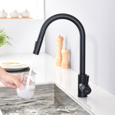 Lonheo rubinetto miscelatore da cucina spray estraibile Bocca alta ruotabile a 360° Rubinetto miscelatore per lavello da cucina, nero