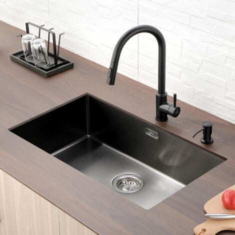 AURALUM Lonheo XL Spülbecken 74 x 44cm eckige Edelstahlspüle, Einbauspüle für ab 80er Unterschrank, Küchenspüle mit Über- und Ablaufgarnitur