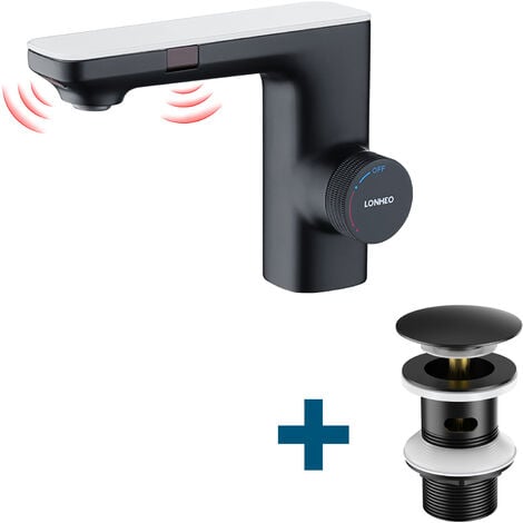 Lonheo Zwei Infrarotsensor Wasserhahn Automatik Waschtischarmatur + Ablaufgarnitur mit Überlauf, Einhandmischer Wasserhahn Bad mit Pop Up, Schwarz