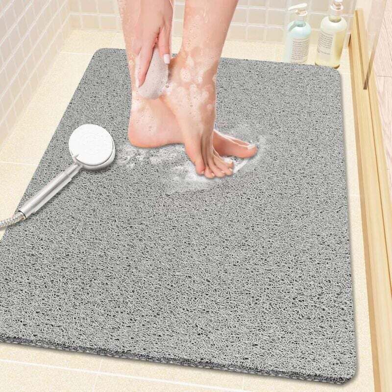 Loofah PVC shower/bath mat (phthalate-free), non-slip, 61 x 40.6 cm, soft bath mat with drain, for bathtub and bathroom, quick-drying, grey