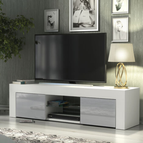 Loom TV Unit 130cm - White with Grey Gloss Doors & LED