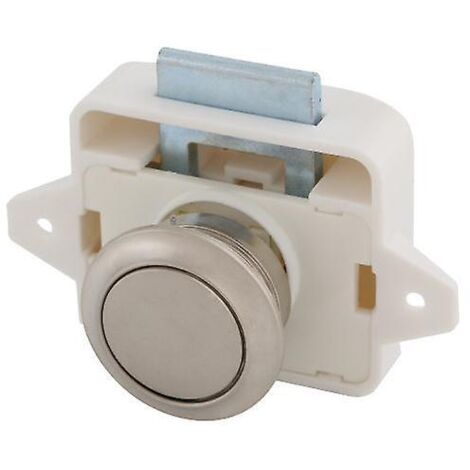 Loquet de meuble à bouton-poussoir blanc pour camping-car, caravane ou véhicule de loisirs.
