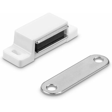Loquet magnétique porte - Loqueteau aimanté pour porte armoire - Fermeture aimant pour meuble avec plaquette - Fermoir en blanc,