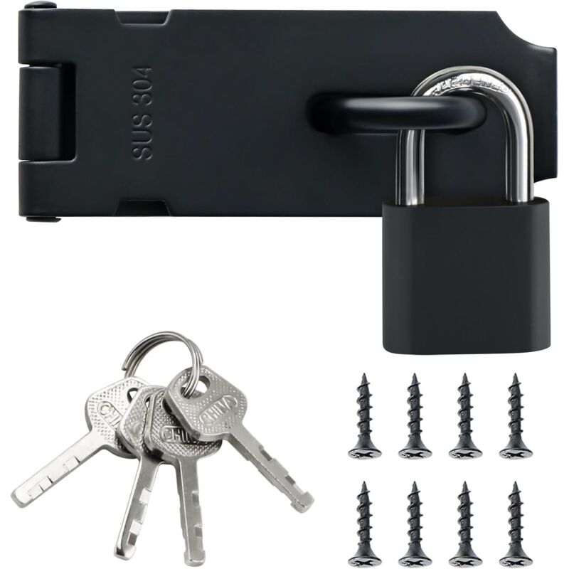 Loquet Porte Exterieur Verrou Portail avec Cadenas, Verrou Porte Interieure en Acier Inoxydable SUS304 pour Armoire, Jardin, Noir Mat, EMST009-B