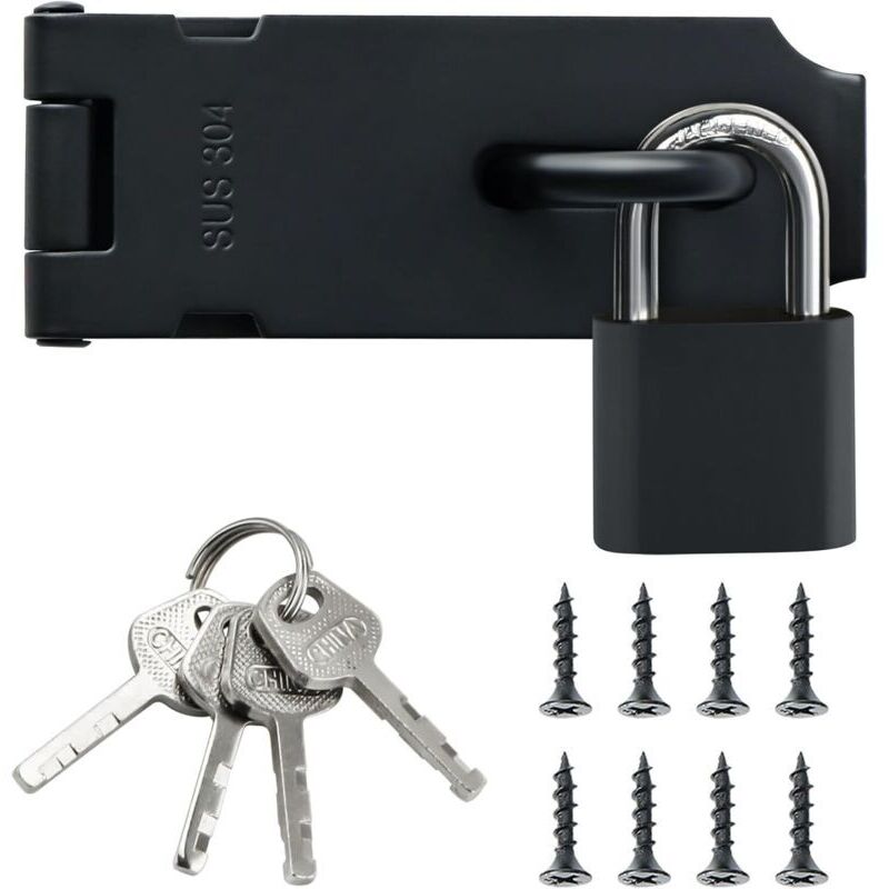 Loquet Porte Exterieur Verrou Portail avec Cadenas, Verrou Porte Interieure en Acier Inoxydable SUS304 pour Armoire, Jardin, Noir Mat, EMST009-B