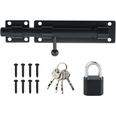 Loquet Porte Exterieur Verrou Porte Coulissante avec Cadenas et 4 Clés, Verrou Portail Robuste en Acier Inoxydable, 180MM Longueur, Noir Mat, EMST8080-B