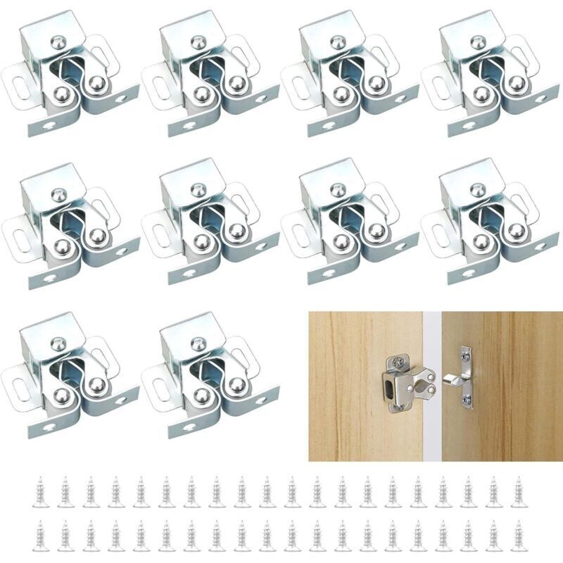 Loqueteaux de Meuble 10 Pièces Fermeture Porte Placard, Loqueteaux de Porte Placard Double Rouleau pour Placard Argent