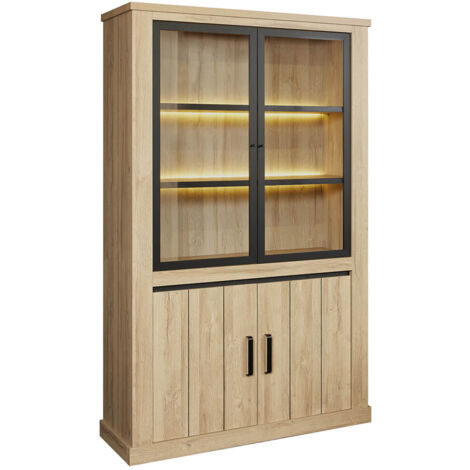 LORENZO - Argentier 4 Portes avec Leds Aspect Bois Chêne Clair Finition Frank