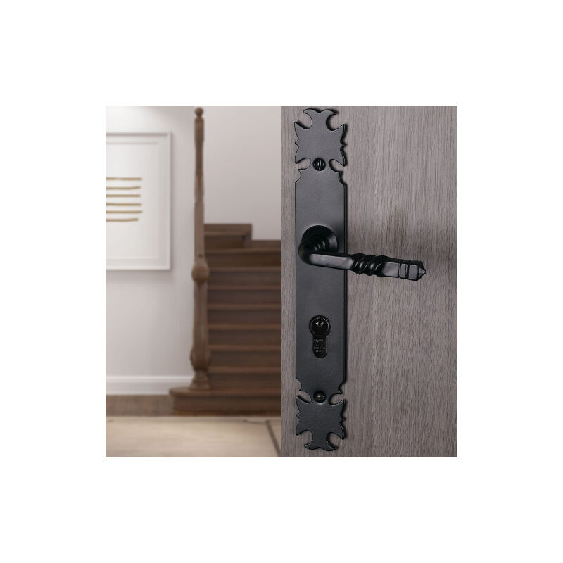 Ouvre&Déco - 2 poignées de porte lorraine cylindre, béquille double rehausse 1 côté, fer noir entraxe 195 mm