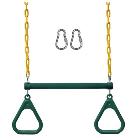 Los columpios de jardín incluyen una barra trapezoidal de 45 cm y una cadena resistente de 122 cm con mosquetones de seguridad (verde).