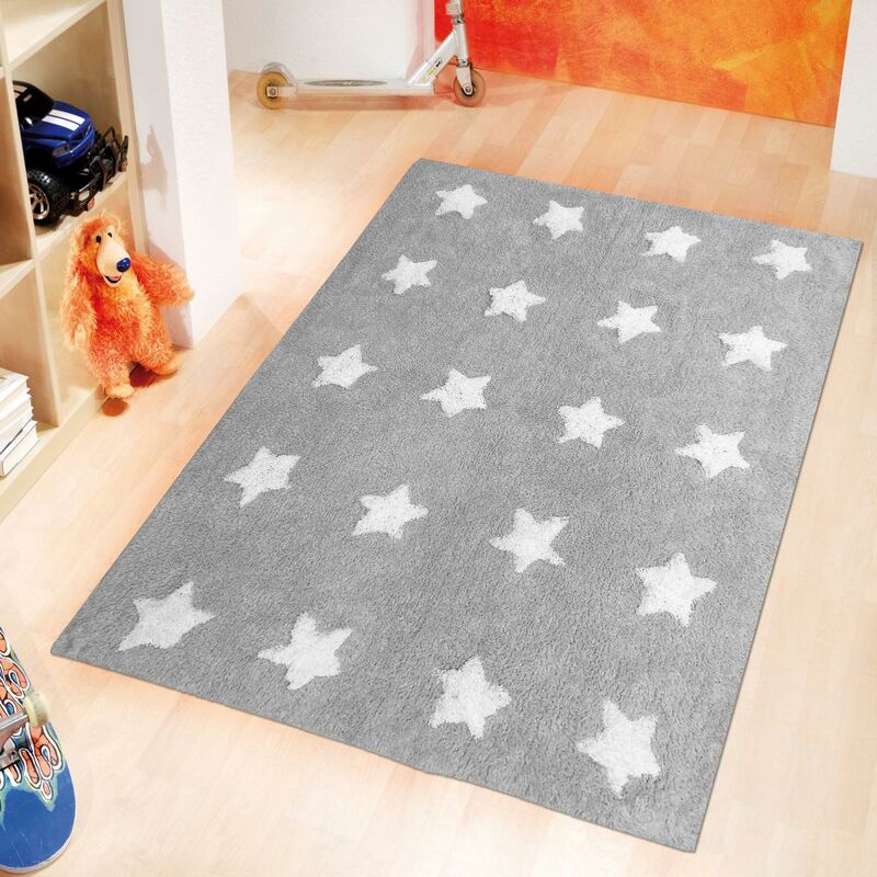 

Los niños alfombra 60x110 cm rectangular estrella rosada habitación Handtuft algodón - Gris