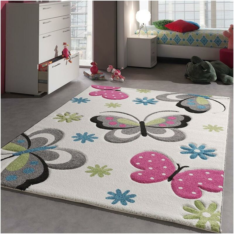 

Dezenco - Alfombra para niños mariposa hecha de polipropileno crema - Crème