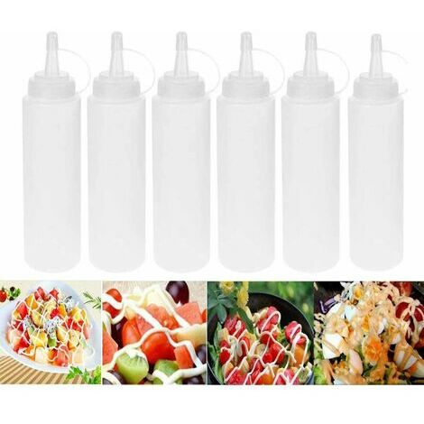 LOST Lot de 6 bouteilles en plastique Squeeze Sauce à condiments Distributeur avec ensemble de Cap, pour maison Restaurant Ketchup, Moutarde, Mayo, huile d'olive, barbecue, sans BPA, 240 ml, Blanc.