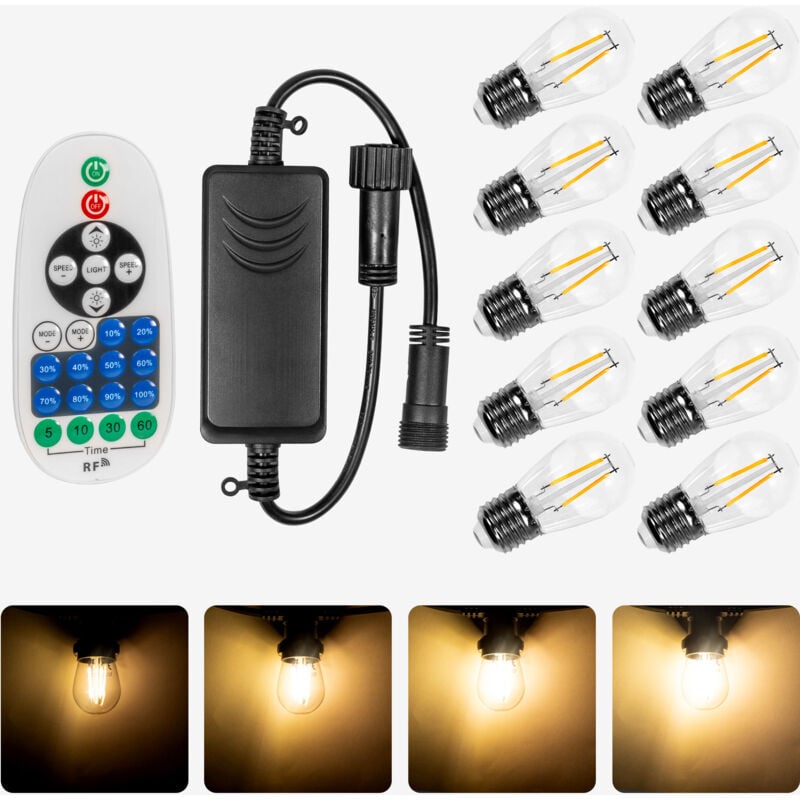 Lot 1 Variateur et 10 Ampoules Led Filament E27 Dimmables pour Guirlande Guinguette IP65