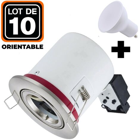 Lot 10 Supports Spots BBC Orientable INOX + Ampoule GU10 7W Blanc Froid + Douille - Blanc Froid 6000K