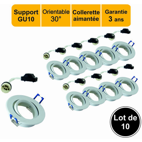 Lot 10 supports spot blanc encastrable orientable aimanté + douille GU10 inclus